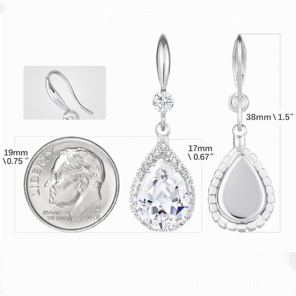 14K White Gold with White Diamond Cubic Zirconia Teardrop Hook Dangle Earrings - Picture 5 of 5